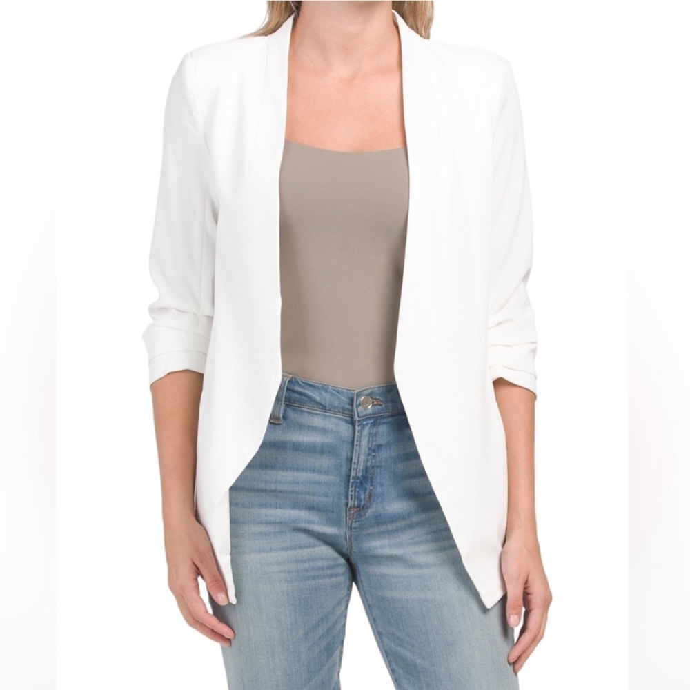 White Ruched Sleeve Blazer
